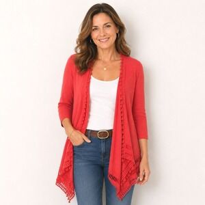 CHICOS Tassel Trim Crochet Cardigan Linen Cotton Boho Coral Sz 2/L
